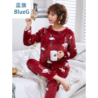 蓝旗冬季加厚加绒睡衣女士冬款可爱圆领法兰绒暗红火烈鸟家居服套装
