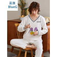 蓝旗冬季加厚加绒睡衣女士冬款可爱圆领法兰绒白色眼睛V领家居服套装