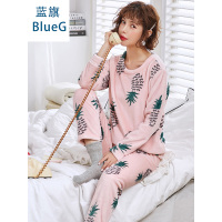 蓝旗冬季加厚加绒睡衣女士冬款可爱圆领法兰绒粉底大菠萝家居服套装