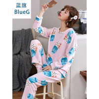 蓝旗秋冬季加厚加绒睡衣女士秋冬款可爱圆领法兰绒粉底帽子家居服套装