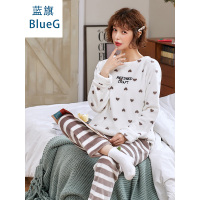 蓝旗冬季加厚加绒睡衣女士冬款可爱圆领法兰绒咖啡爱心家居服套装