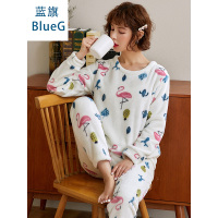 蓝旗冬季加厚加绒睡衣女士冬款可爱圆领法兰绒米色火烈鸟家居服套装