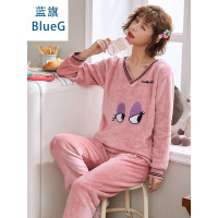 蓝旗冬季加厚加绒睡衣女士冬款可爱圆领法兰绒藕粉眼睛V领家居服套装