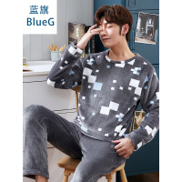 蓝旗冬季加厚加绒睡衣男士秋冬圆领可外穿法兰绒灰色方块家居服套装