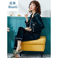 蓝旗金丝绒睡衣女秋季薄绒女款纯色抽条长袖大码韩版家居服两件套潮