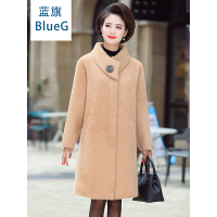 蓝旗妈妈毛呢外套女秋冬2019新款仿水貂绒加厚中老年女冬装中长款大衣外套
