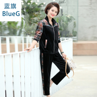 蓝旗(BLUEG)中老年妈妈装金丝绒长袖两件套外套套装