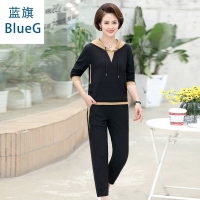 蓝旗(BLUEG)2020新款妈妈春季金丝绒休闲套装时尚连帽运动装套装