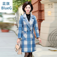 蓝旗(BLUEG)女士韩版长款中老年洋气格子毛呢大衣外套