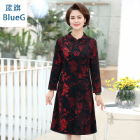 蓝旗(BLUEG)女士中老年2020年春季新款圆领时尚休闲连衣裙
