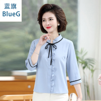 蓝旗(BLUEG)春装洋气妈妈装五分袖薄款女士气质木耳边蝴蝶结衬衣