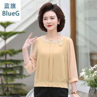 蓝旗(BLUEG)春夏新款妈妈装圆领中袖时尚洋气女士短款上衣
