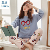 蓝旗(BLUEG)女士女孩家居服长袖套装可爱草莓印花图案英文可爱两件套