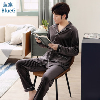 蓝旗(BLUEG)男士青年春秋冬海岛绒家居服简约刺绣睡衣两件套套装