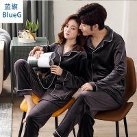 蓝旗(BLUEG)男女春秋冬海岛绒家居服长袖两件套装开衫V领睡衣套装