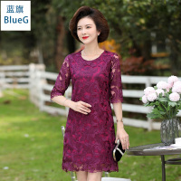 蓝旗(BLUEG)春夏中老年女装妈妈装时尚连衣裙圆领洋气中年阔太太裙子