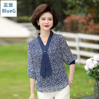 蓝旗(BLUEG)春夏新款时尚妈妈装洋气小衫休闲宽松印花V领气质上衣