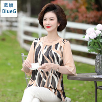 蓝旗(BLUEG)夏季时尚洋气妈妈装圆领短袖中袖中老年女装上衣