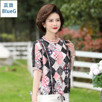 蓝旗(BLUEG)夏季新款时尚妈妈装设计感显瘦圆领印花短袖上衣