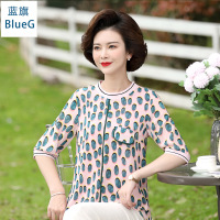 蓝旗(BLUEG)夏季新款时尚妈妈装圆领短袖印花宽松显瘦上衣