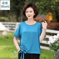 蓝旗(BLUEG)夏季新款时尚妈妈装圆领短袖纯色宽松显瘦上衣