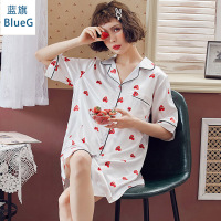 蓝旗(BLUEG)女夏季短袖睡裙连衣裙纽扣开衫翻领仿真丝丝绸白底红心睡衣