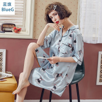 蓝旗(BLUEG)夏季短袖翻领开衫连衣裙仿真丝睡衣女清新家居服睡裙