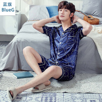 蓝旗(BLUEG)春夏睡衣男仿真丝质男士翻领丝绸开短袖短裤羽毛家居服两件套装