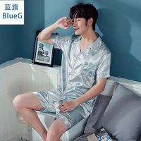 蓝旗(BLUEG)春夏睡衣男仿真丝质翻领丝绸开短袖短裤羽毛家居服两件套装