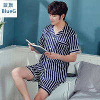 蓝旗(BLUEG)春夏睡衣男仿真丝质翻领丝绸开短袖短裤条纹家居服两件套装