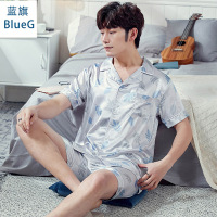 蓝旗(BLUEG)春夏睡衣男仿真丝质翻领丝绸开短袖短裤羽毛印花家居服两件套装
