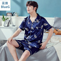 蓝旗(BLUEG)春夏睡衣男仿真丝质翻领丝绸开短袖短裤细条纹家居服两件套装
