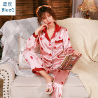 蓝旗(BLUEG)春款长袖长裤丝绸睡衣衬衫V领开衫草莓印花女可爱家居服两件套装