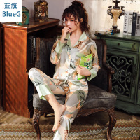 蓝旗(BLUEG)春季长袖睡衣睡裤衬衫翻领女可爱清新家居服两件套
