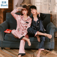 蓝旗(BLUEG) 春款男女情侣长袖家居服V领开衫简约印花睡衣两件套套装