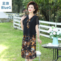 蓝旗(BLUEG)女士2020新款女士中老年时尚休闲妈妈装连衣裙两件套