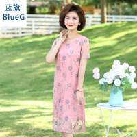 蓝旗(BLUEG)女士中老年妈妈装2020新款连衣裙洋气雪纺过膝裙子