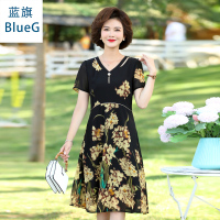 蓝旗(BLUEG女士春季妈妈复古风长裙中年阔太太V领裙雪纺连衣裙