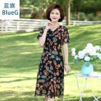 蓝旗(BLUEG)中老年妈妈装2020新款夏装连衣裙短袖高贵洋气雪纺裙子