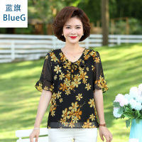 蓝旗(BLUEG)女士夏季妈妈装高贵短袖雪纺打底上衣