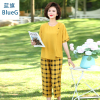 蓝旗(BLUEG)女士夏季妈妈装2020新款洋气中老年女装短袖T恤两件套