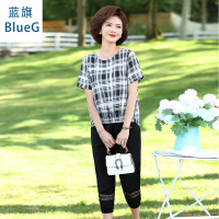 蓝旗(BLUEG)中老年妈妈装夏季短袖格子T恤洋气2件套装