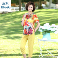 蓝旗(BLUEG)女士夏季妈妈装洋气时尚印花短袖T恤两件套套装