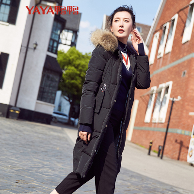 鸭鸭(yaya) 冬季新款女士羽绒服韩版修身时尚大毛领女长款过膝外套