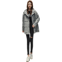 鸭鸭(61.7%棉)2021年新款外套女春秋宽松韩版潮ins百搭收腰连帽工装外套