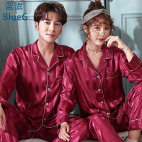 蓝旗 情侣冰丝睡衣女春季睡衣男2021年新款春秋薄款长袖家居服套装