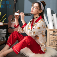 蓝旗 睡衣女春秋季韩版长袖睡衣两件套装冰丝绸甜美可爱开衫宽松家居服