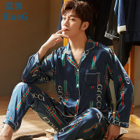 蓝旗 2021年新款春秋季睡衣男长袖薄款冰丝宽松家居服两件套装