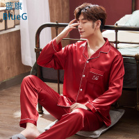 蓝旗 2021年新款春夏季男士睡衣薄款红色本命年长袖冰丝居服套装