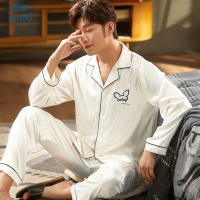 蓝旗 男士冰丝睡衣2021年新款春秋纯色简约薄款长袖家居服套装